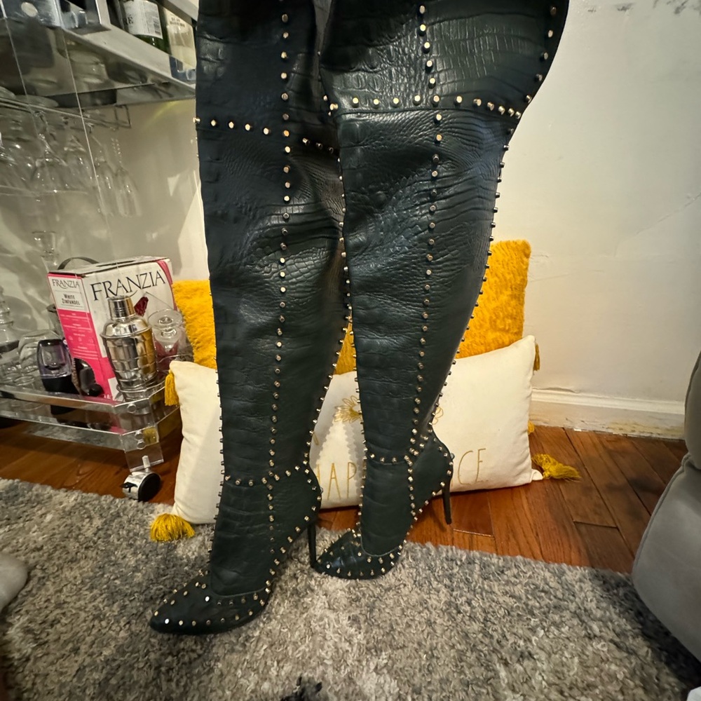 Jennifer Le Studded Dark Hunter Green  Knee-High Boots